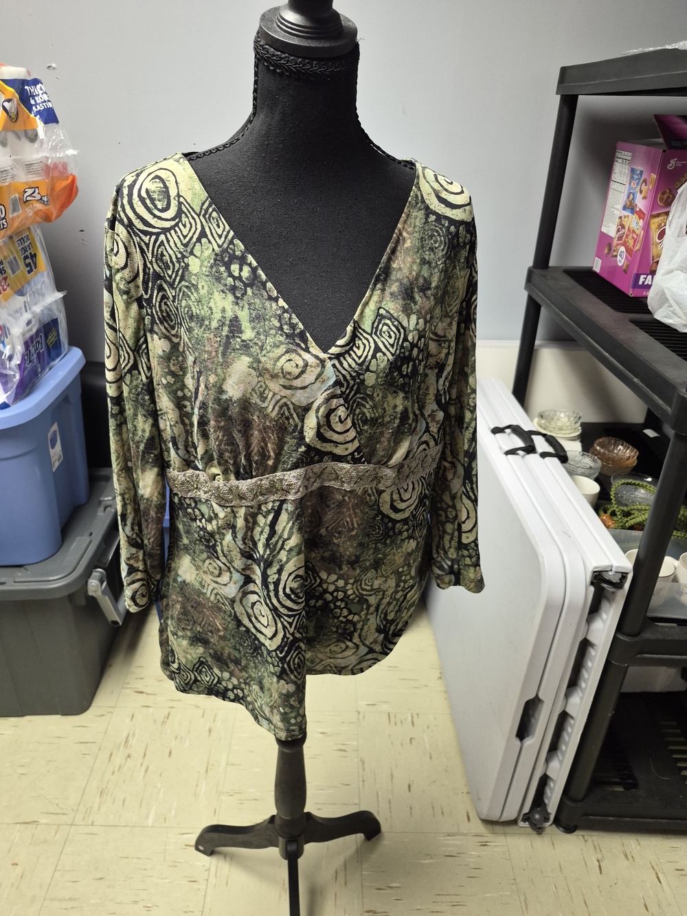 Style & Co. Olive Green Abstract V-Neck Blouse
